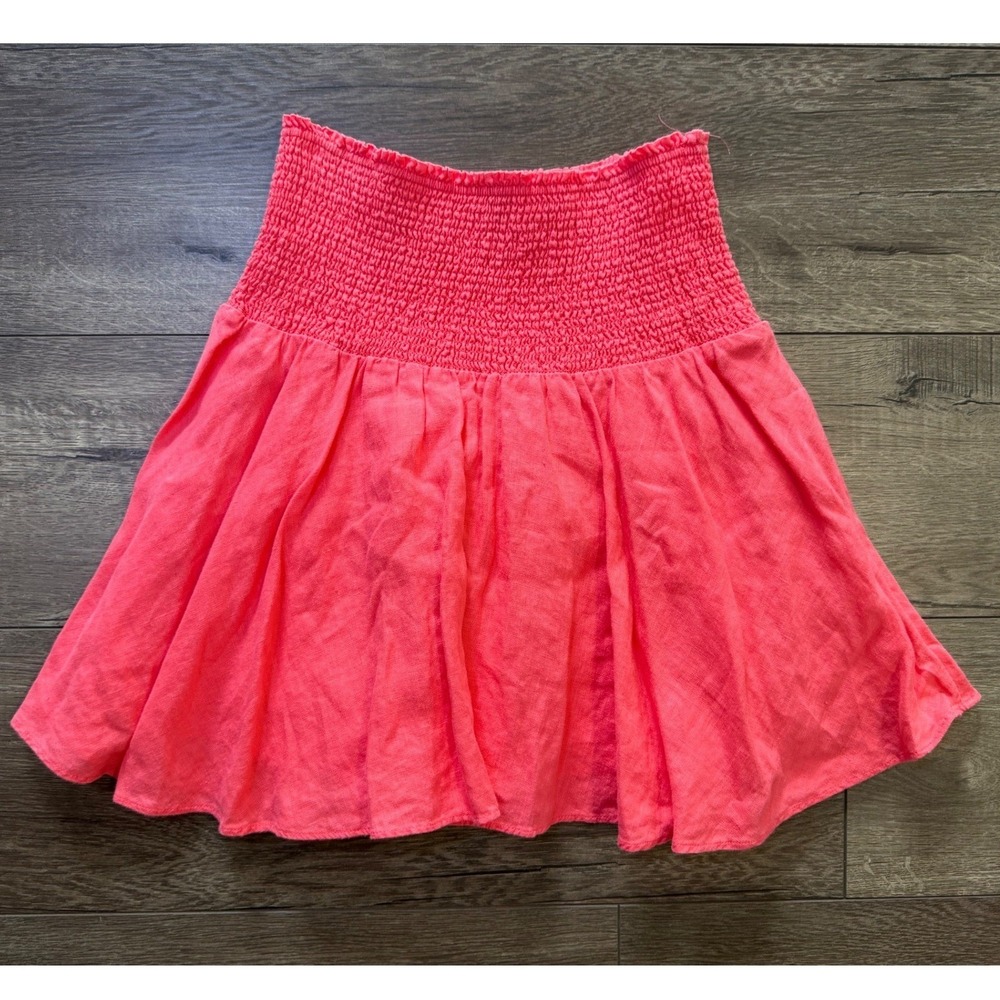 J Crew Smocked Waist 100% Linen Mini Skirt Coral‎ Pink XS Summer Beach Vacation